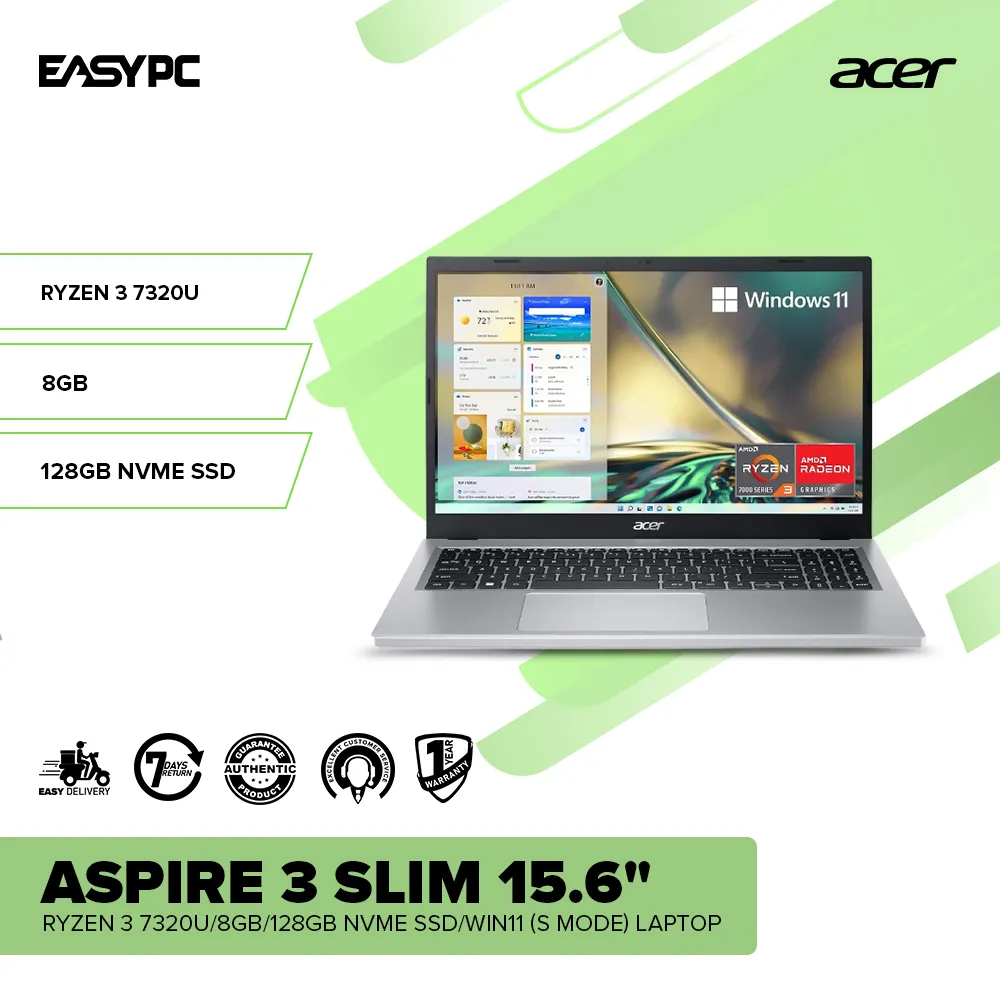 Acer Aspire 3 Slim 15.6" Ryzen 3 7320U/8GB/128GB NVMe SSD/Win11 (S Mode) Laptop PS