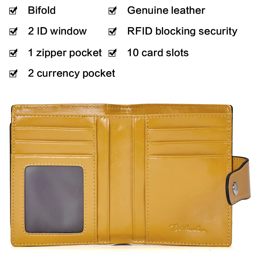 BOSTANTEN Women Leather Wallet RFID Blocking Small Bifold Zipper Pocket Wallet Card Case Purse with ID Window