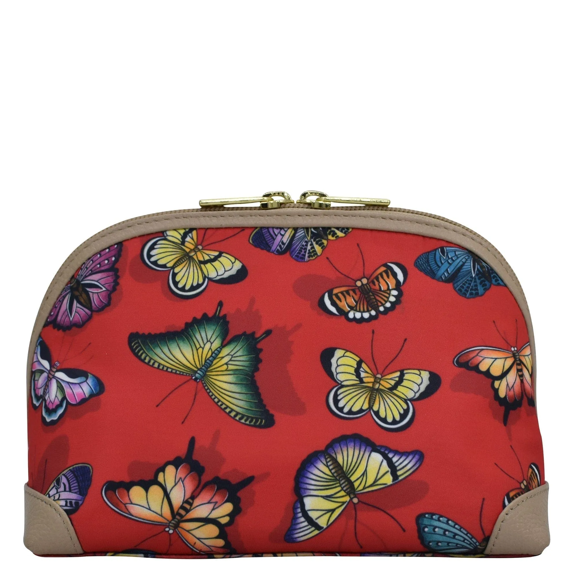 Fabric with Leather Trim Dome Cosmetic Bag - 13002