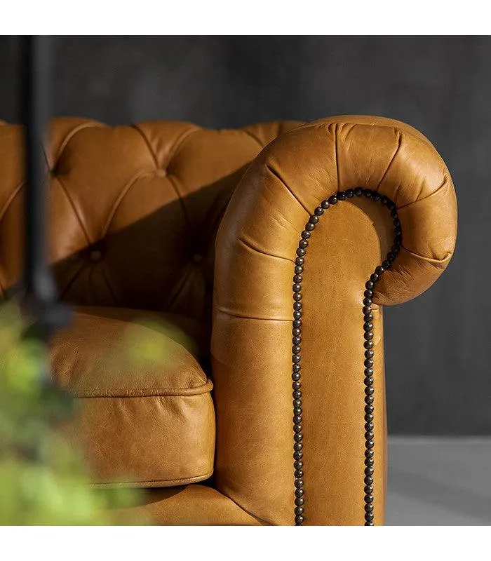 Genuine Leather Chesterfield 3 Seater - Tan Brown