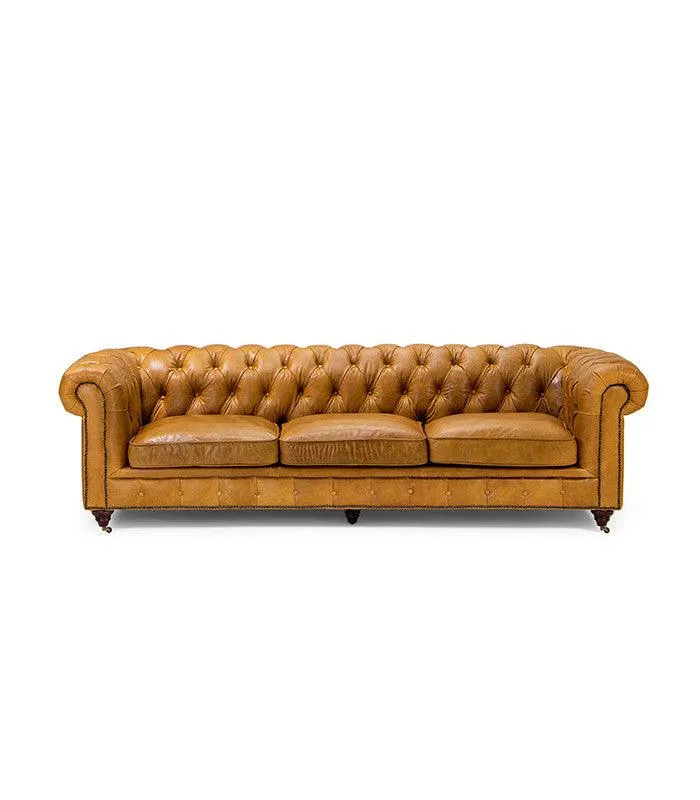 Genuine Leather Chesterfield 3 Seater - Tan Brown