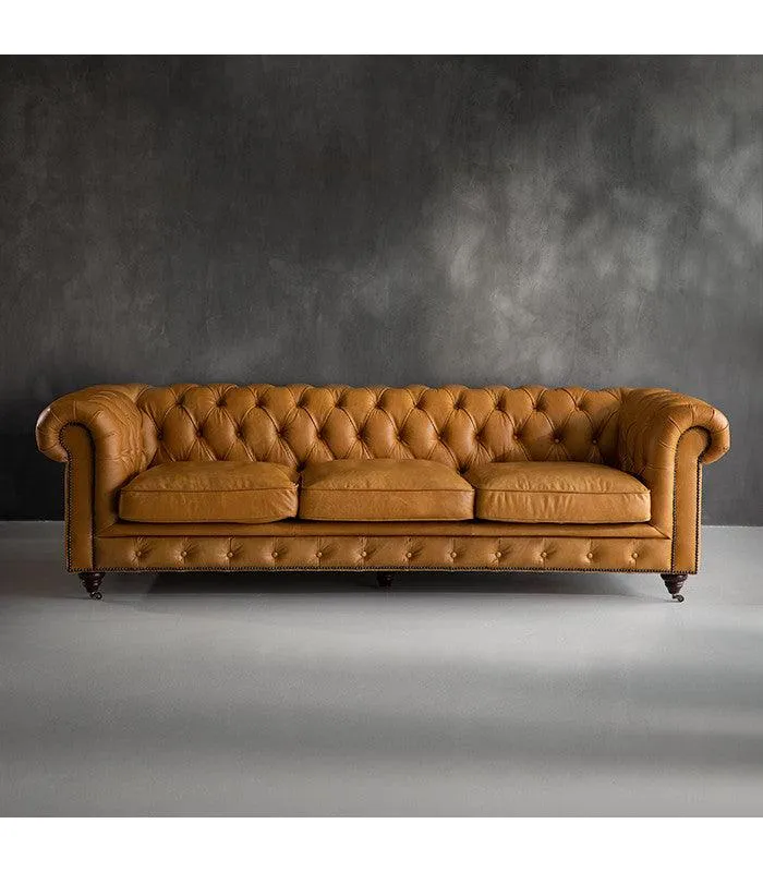 Genuine Leather Chesterfield 3 Seater - Tan Brown