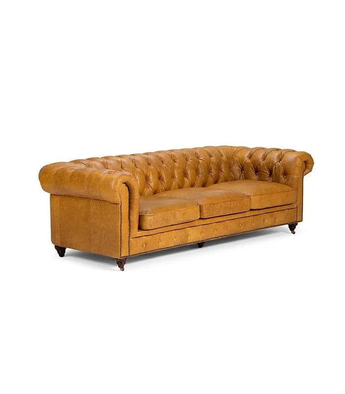 Genuine Leather Chesterfield 3 Seater - Tan Brown