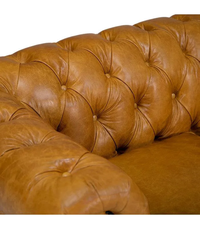 Genuine Leather Chesterfield 3 Seater - Tan Brown