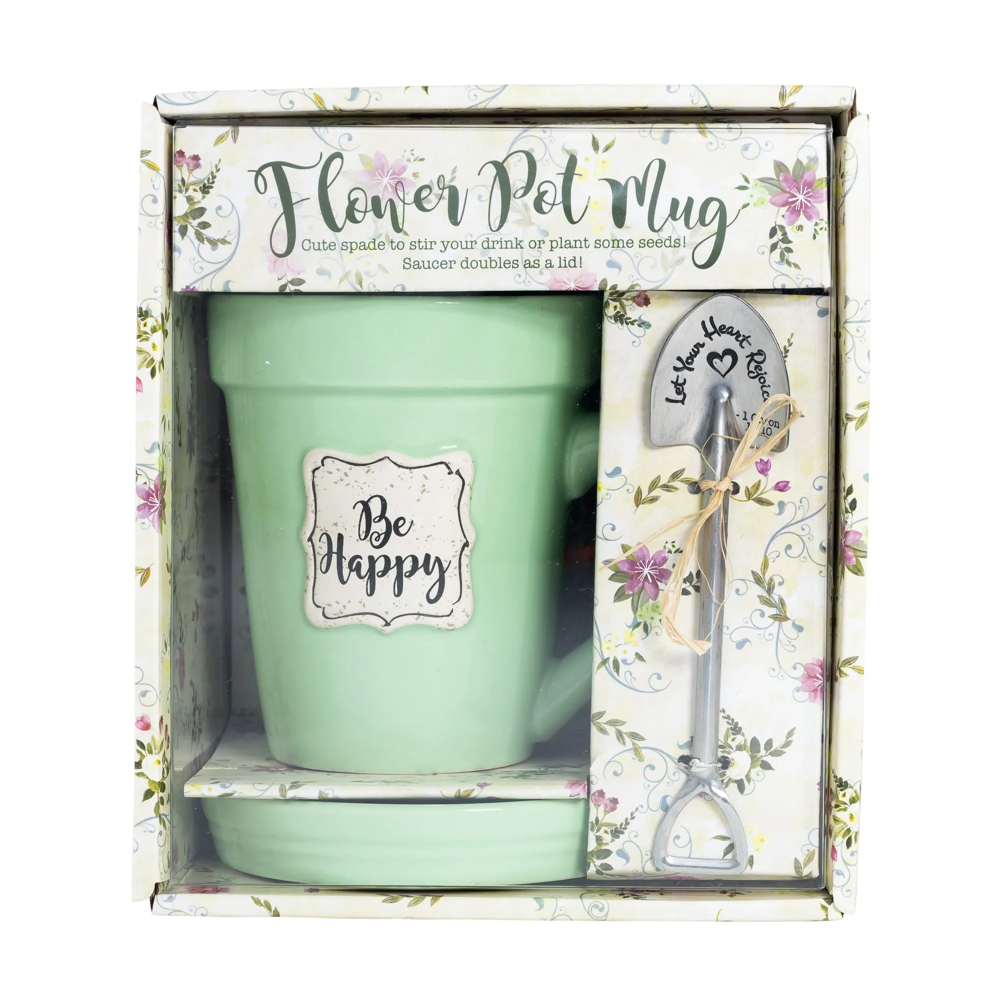 Green Flower Pot Mug w/Scripture - “Be Happy”