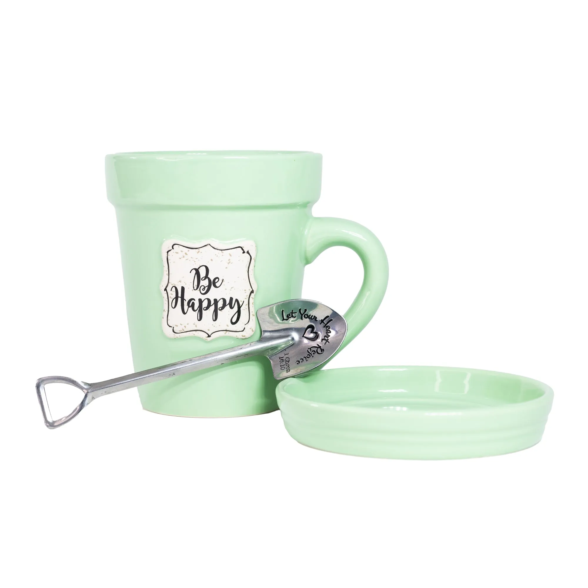 Green Flower Pot Mug w/Scripture - “Be Happy”