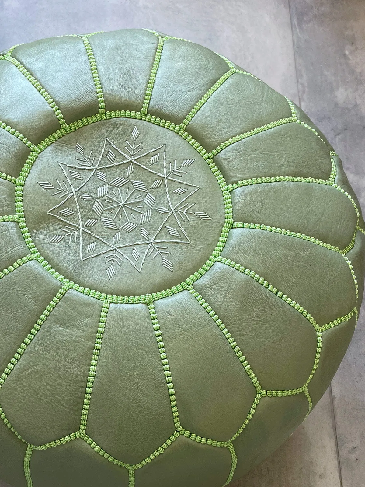 Moroccan Leather Pouffe, Sage