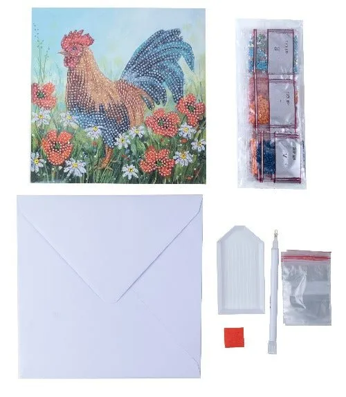 "Cockerel in the Field" Crystal Art Card 18x18cm