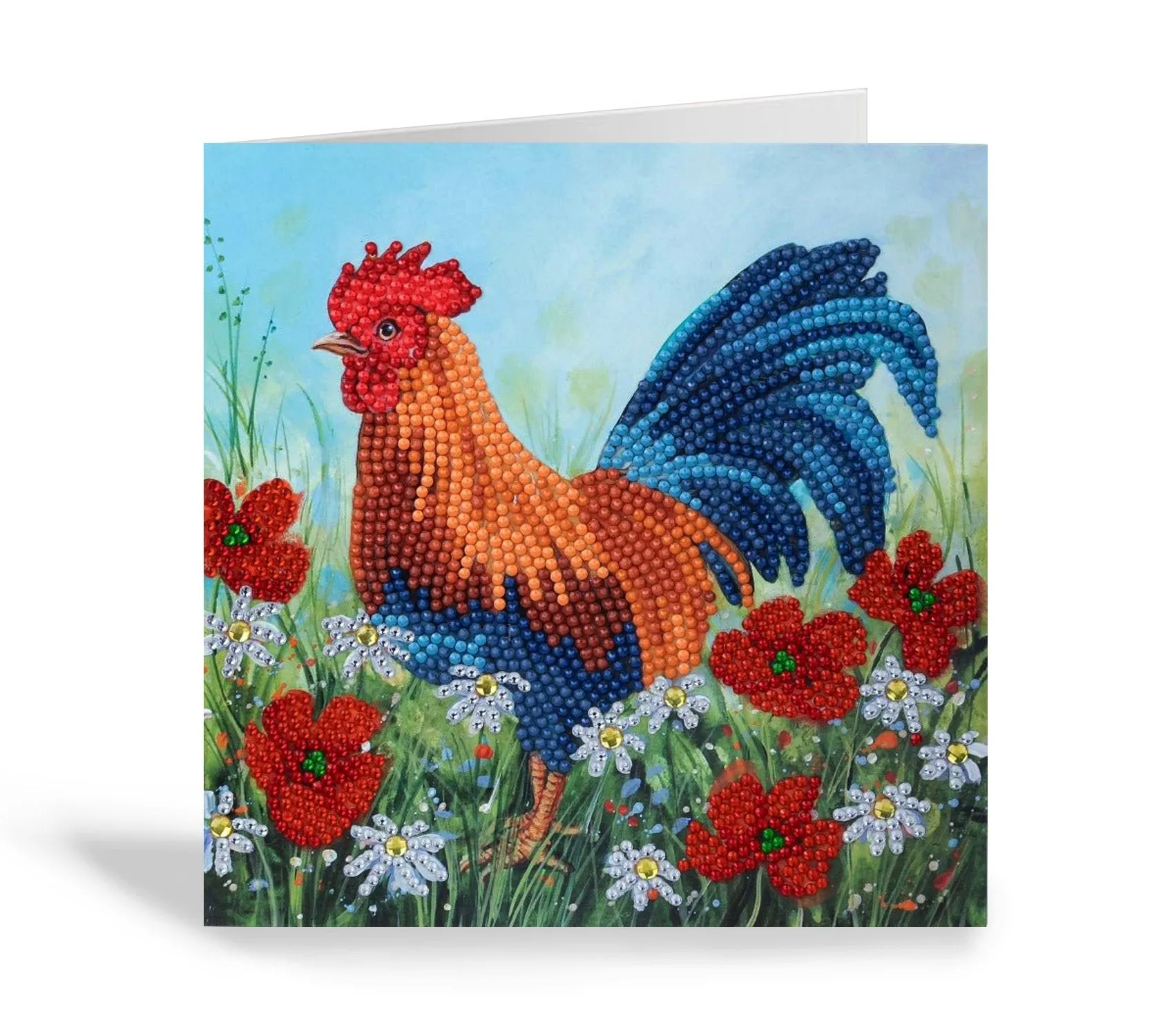 "Cockerel in the Field" Crystal Art Card 18x18cm