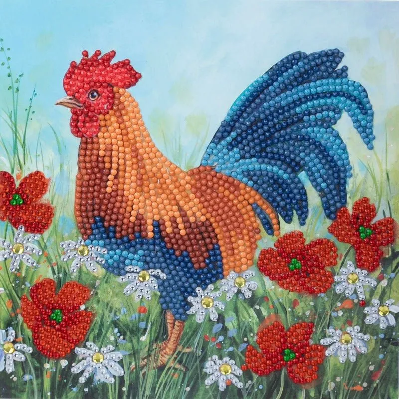 "Cockerel in the Field" Crystal Art Card 18x18cm