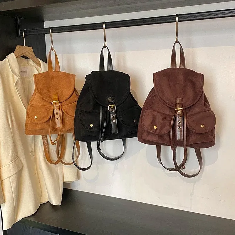 Suede Women Backpacks Soft Flap Outer Pockets Drawstring Medium Shoulder Bags